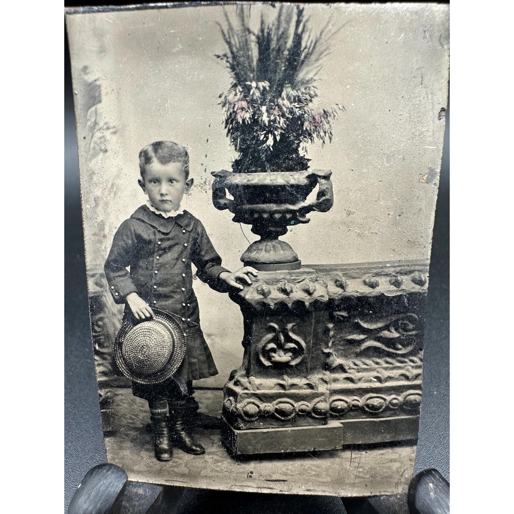 Antique Tintype Photo Young Boy with Hat Next to Urn Decor c1800s